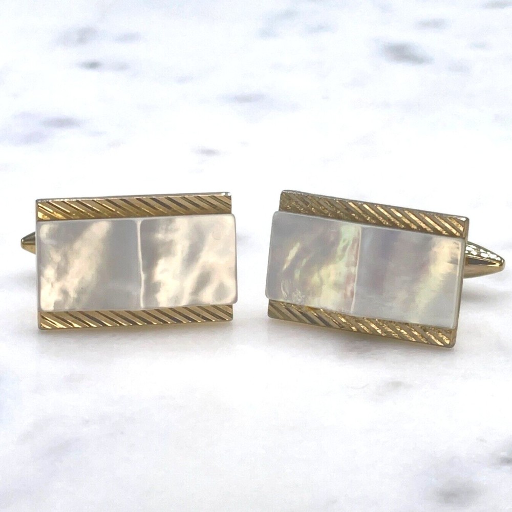 Mens Mother of Pearl Gold Tone Rectangular Bullet Back Cufflinks - Picture 3 of 12